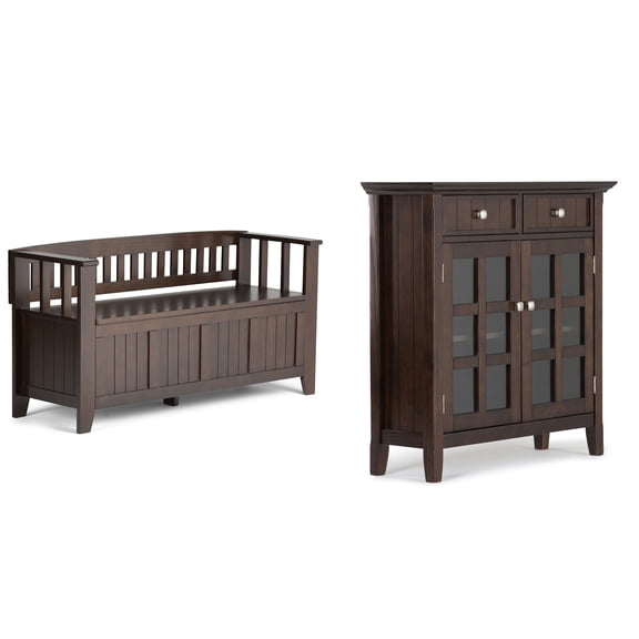 Simpli Home Acadian Solid Wood 48 inch Wide Storage Bench and 36 inch Wide Storage Cabinet in Brunette Brown
