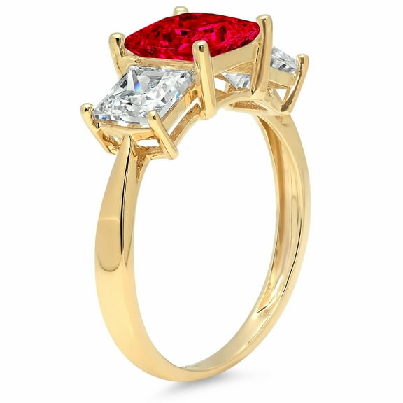 2.5 ct Princess Cut Simulated Ruby Three-Stone Engagement Ring for Women in 18K Yellow Gold