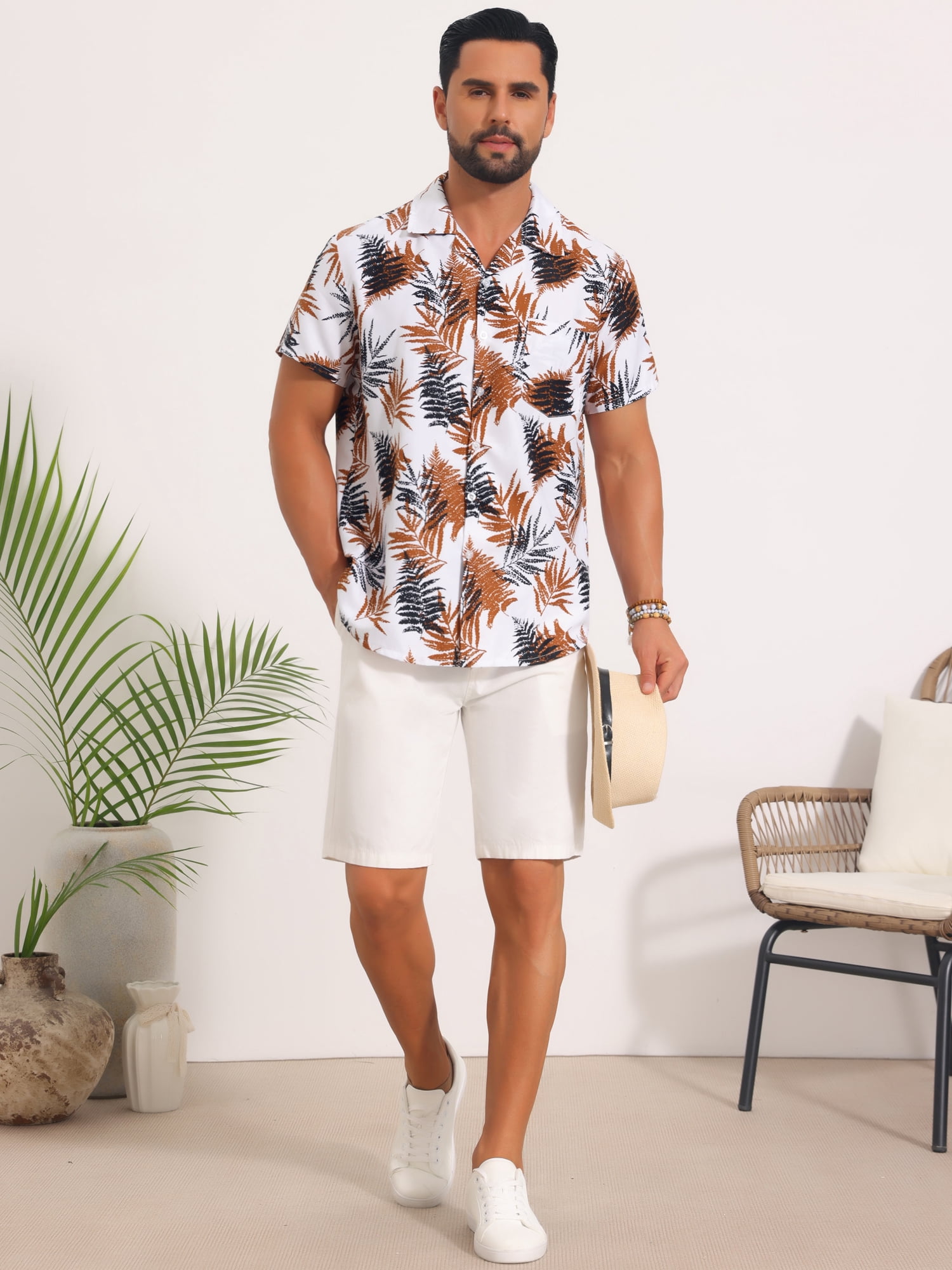 DARING DIVA Men's Short Sleeve Button Down Camp Collar Leaf Print Shirts XL White Brown