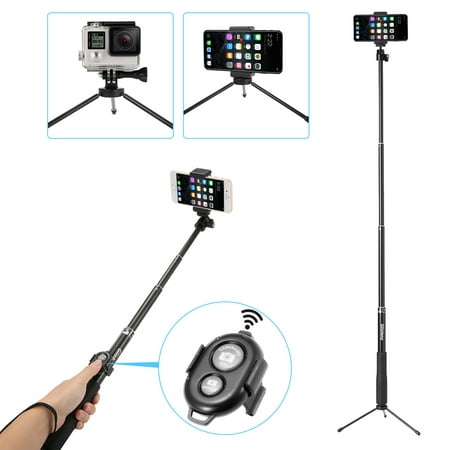 2 IN 1 Retractable Tripod bluetooth Remote Tripod Telescoping Selfie Stick For Gopro Motion Camera and Apple's Samsung Android