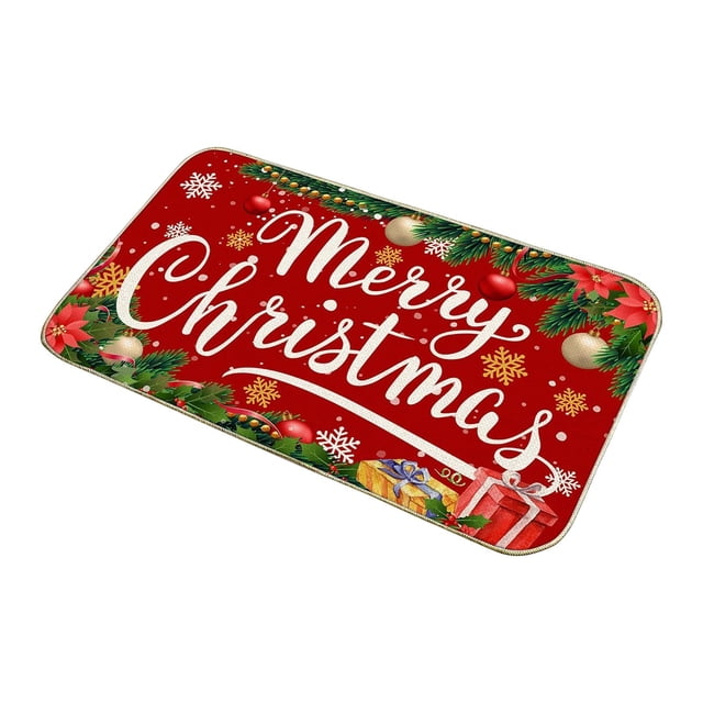 Christmas Kitchen Mat 23.62 in x 15.74 in Red Flock Floor Mat for Sink Area Washable Non Slip Backing