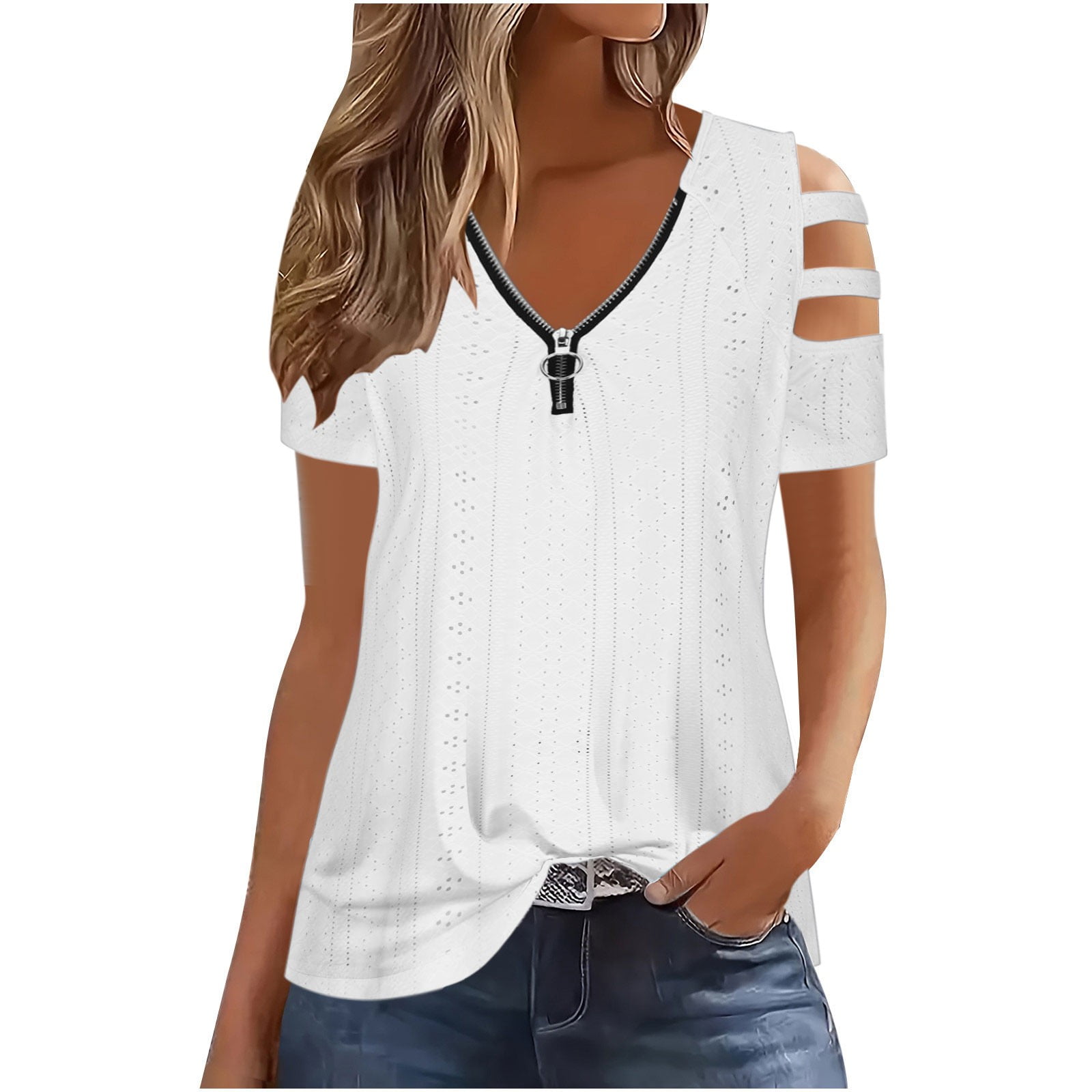 T-shirt Femme Col V Avec Nœud Papillon - Manches Courtes Unie - Polyester - Neuf Avec étiquettes
