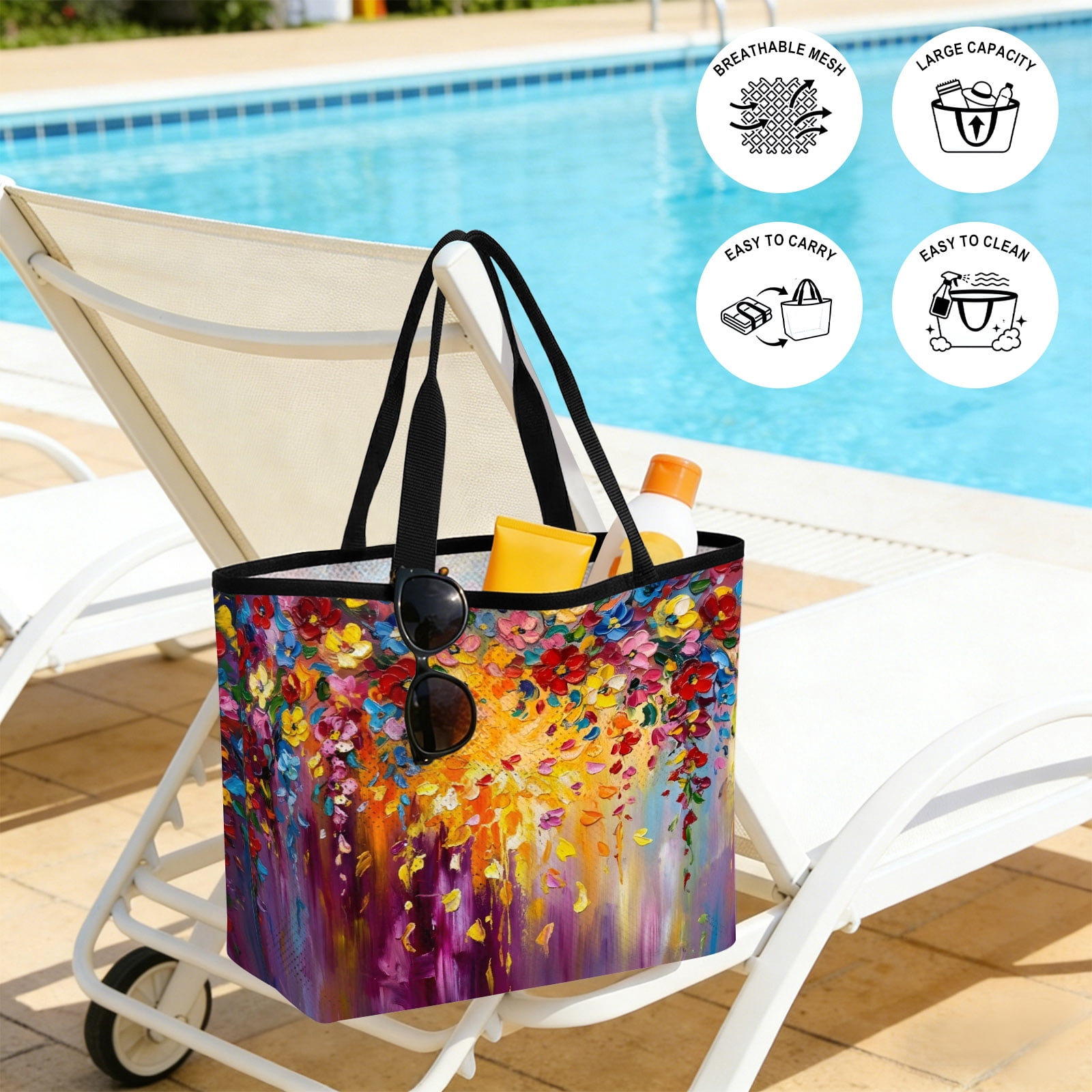 Purple Floral Beach Bag for Women, Large Breathable Mesh Beach Tote Bag, Modern Abstract Art Flowers Sandproof Lightweight Travel Bags for Vacation Picnic Swimming Pool 15.7"x15.7"x9.1"
