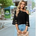 thumbnail image 5 of Women'S Cold Shoulder Mesh Panel 3/4 Bell Sleeve Casual Top Blouse Shirt Black S, 5 of 8