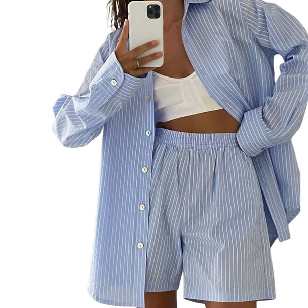TxlixcTraje de 2 piezas, blusa de manga larga con cuello rayado / a cuadros + shorts de verano Txlixc moda