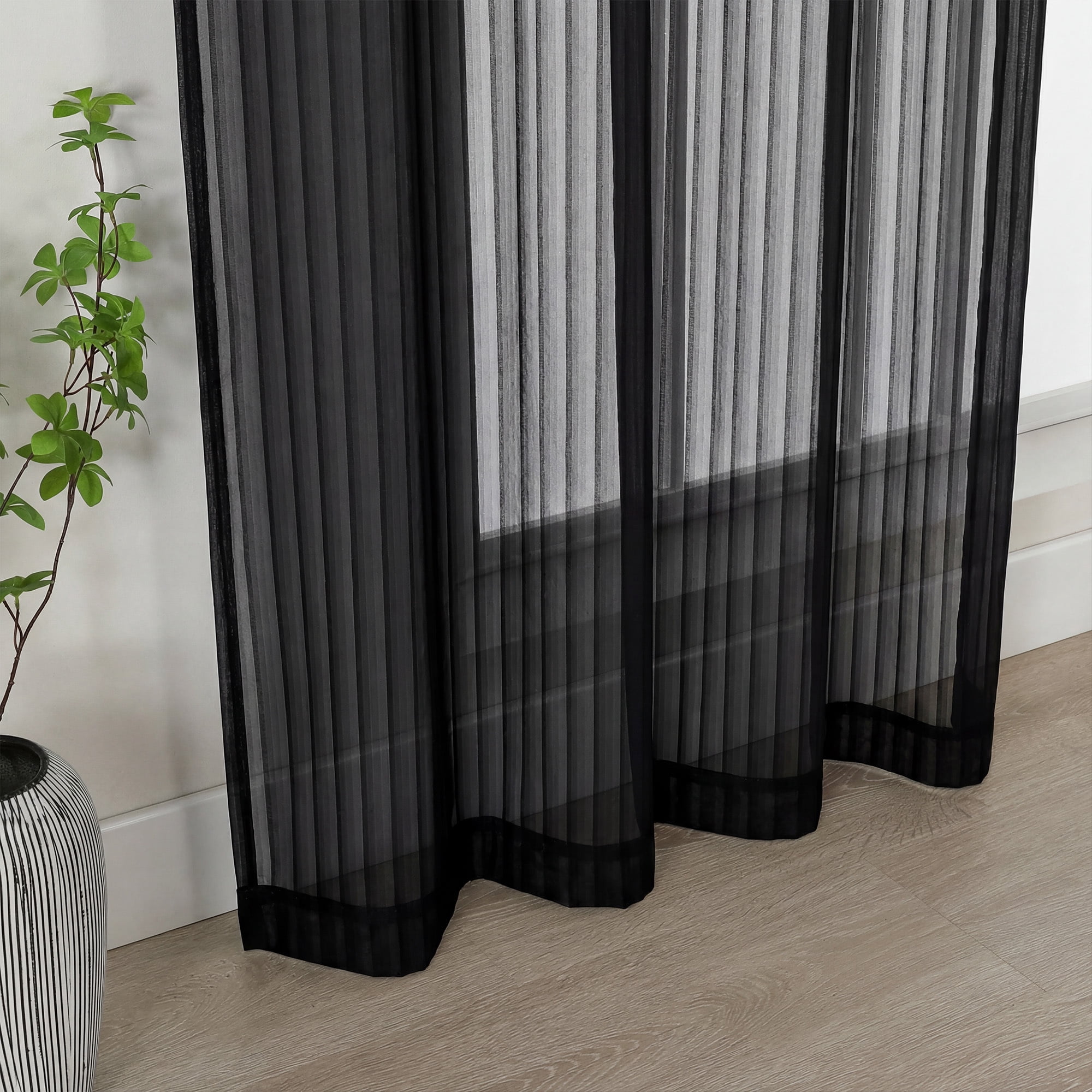 OVZME Luna 84" Black Striped Sheer Curtains 2 Panels - Light Filtering Privacy Sheers for Living Room Sliding Glass Doors, Vertical Stripe Textured Rod Pocket, 42"W x 84"L Each, Black