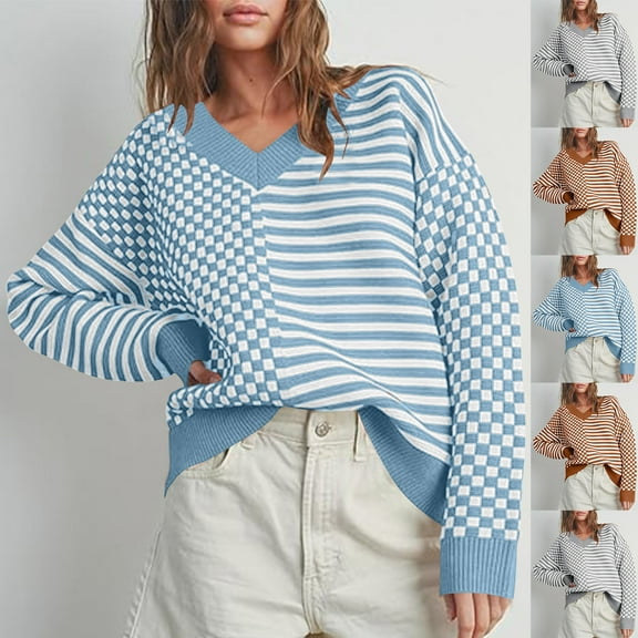 WRKEKC Womens Fall Winter V Neck Knit Sweater Striped Checkerboard Color Block Long Sleeve Fashion Trendy Top