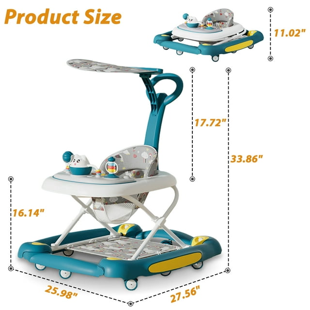 Activity Baby Walker for Girls and Boys, 5-in-1 Baby Walker with Music Toys, Height Adjustable, Green