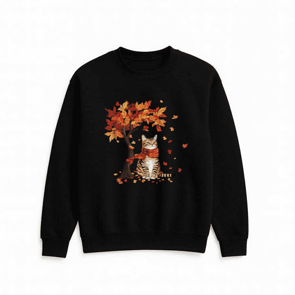 Autumn Leaves Tabby Cat Cute Graphic Print Casual Fall Outfit Daily Sweatshirt, for men & women, up to size 5XL