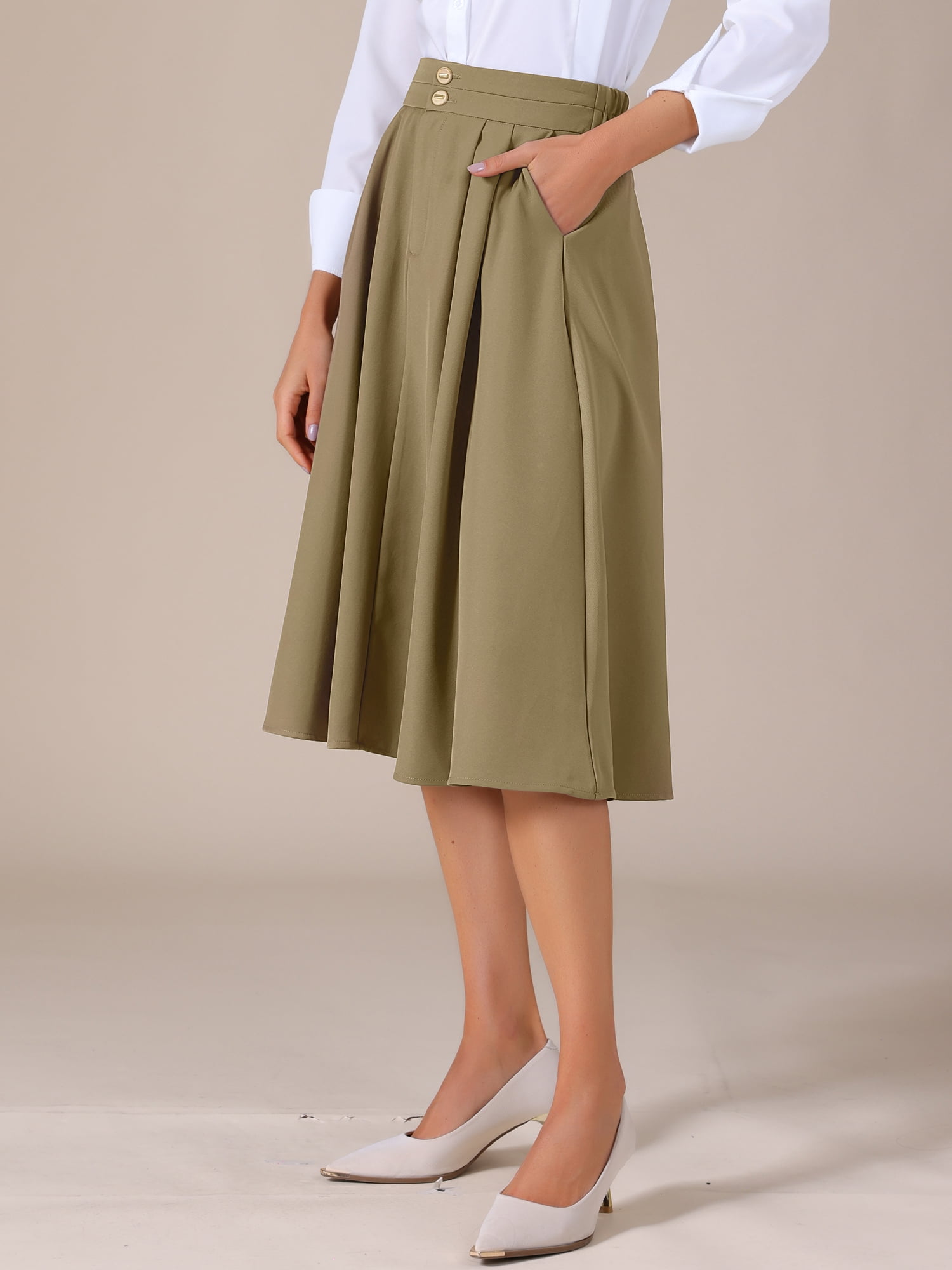 DARING DIVA Women's Flowy A-Line Business Work Skirt with Pockets X-Large Khaki