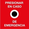 thumbnail image 1 of Señalamiento de seguridad y protección civil: "Presionar botón en caso de emergencia", rojo. Plástico estireno calibre 40, 20 x 20 cm, para interior y exterior. Letrero, Señal cuadrada informativa., 1 of 3