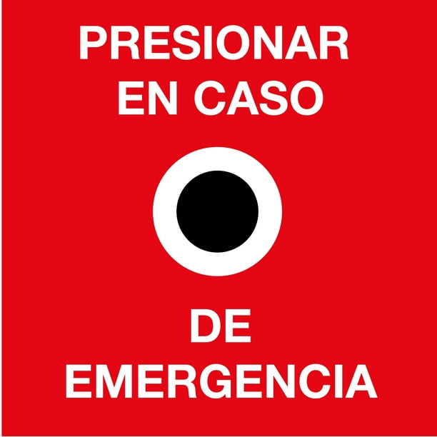 Señalamiento de seguridad y protección civil: "Presionar botón en caso de emergencia", rojo. Plástico estireno calibre 40, 20 x 20 cm, para interior y exterior. Letrero, Señal cuadrada informativa.