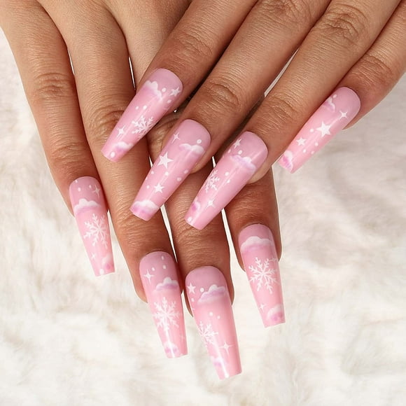 Extra Long Coffin Press on Nail Snowflake Glossy Ballerina Fake Nail Matte Elk Black False Nails Acrylic Full Cover Nails Nails Accessory for Women and Girls 24Pcs