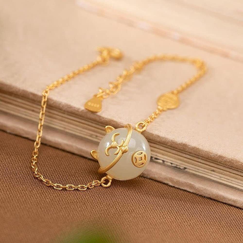 Chinese Retro Crafts Woman Jewelry Creativity Lucky Cat Natural Jade Bracelet