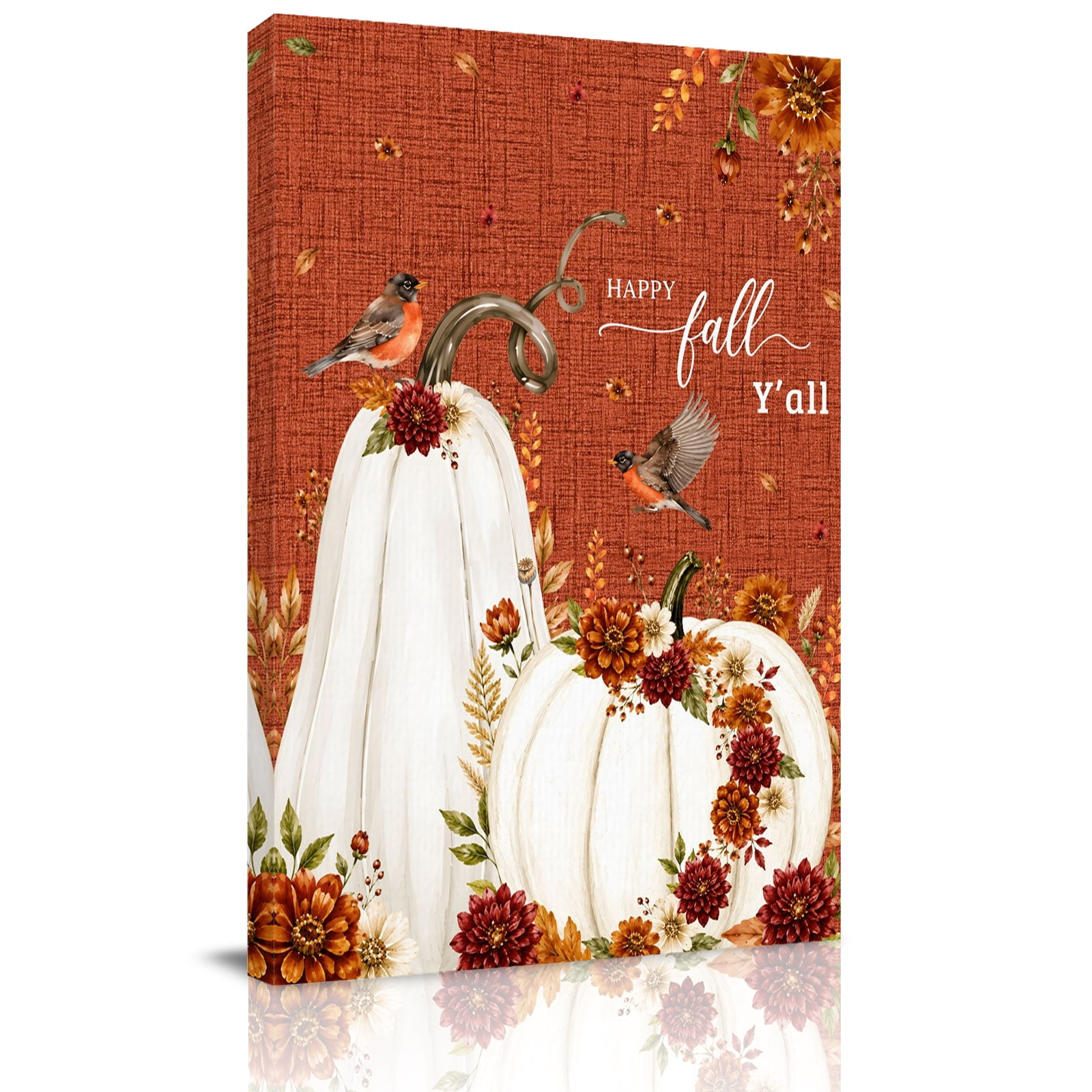 Canvas Wall Art Happy Fall Framed Canvas Prints for Kitchen Bedroom White Pumpkins Roses Floral Thanksgiving Red Small Gallery Wrapped Wall Decor for Home Office Gifts 8 x12 Ship Next Day