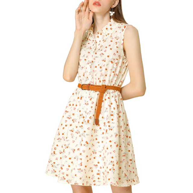 INSPIRE CHIC Robe Sans Manches à Imprimé pour Femme à Demi-Patte de Boutonnage avec Ceinture