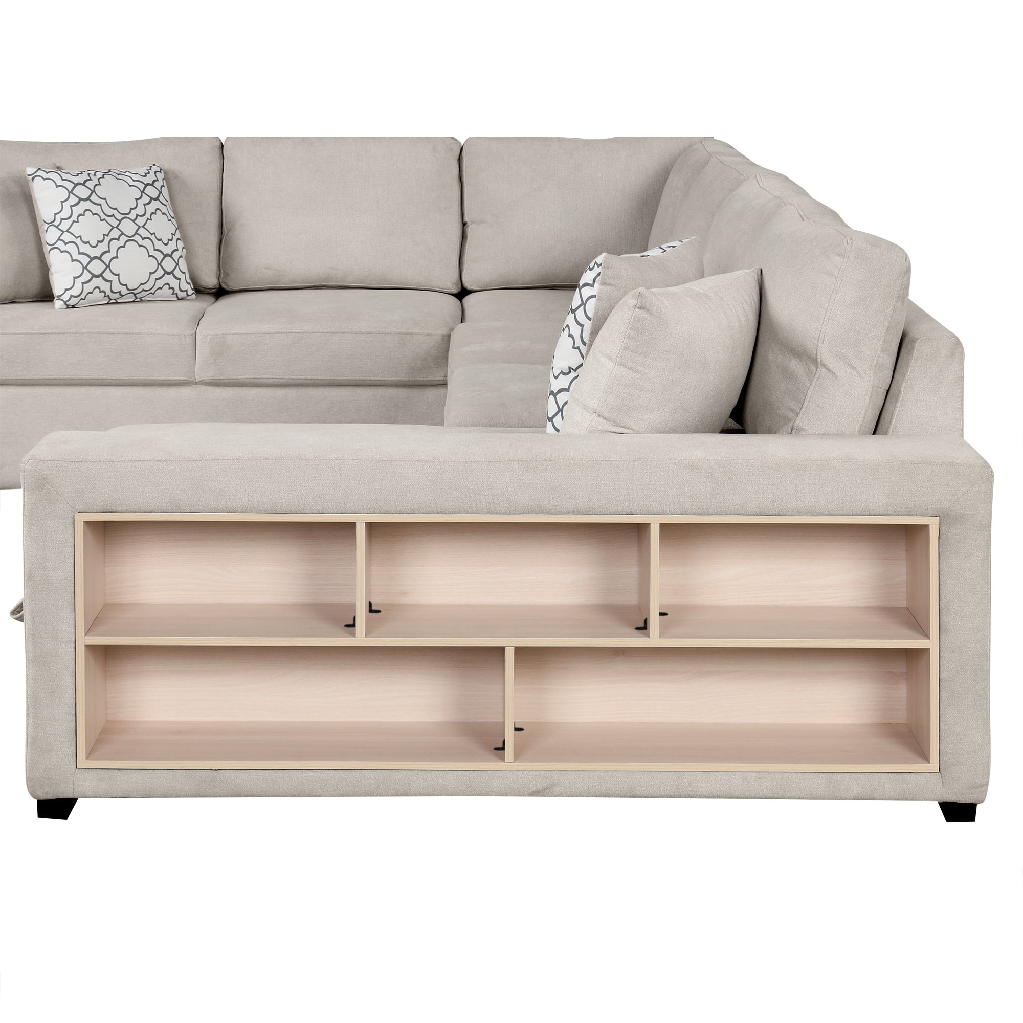 EUROCO 109" U-shaped Sectional Sofa Couch, Chenille Pull-out Sofa Bed with 2 USB Ports, a Storage Chaise Lounge, 4 Back Pillows and Wide Armrest with Storage Shelf for Living Room, Beige