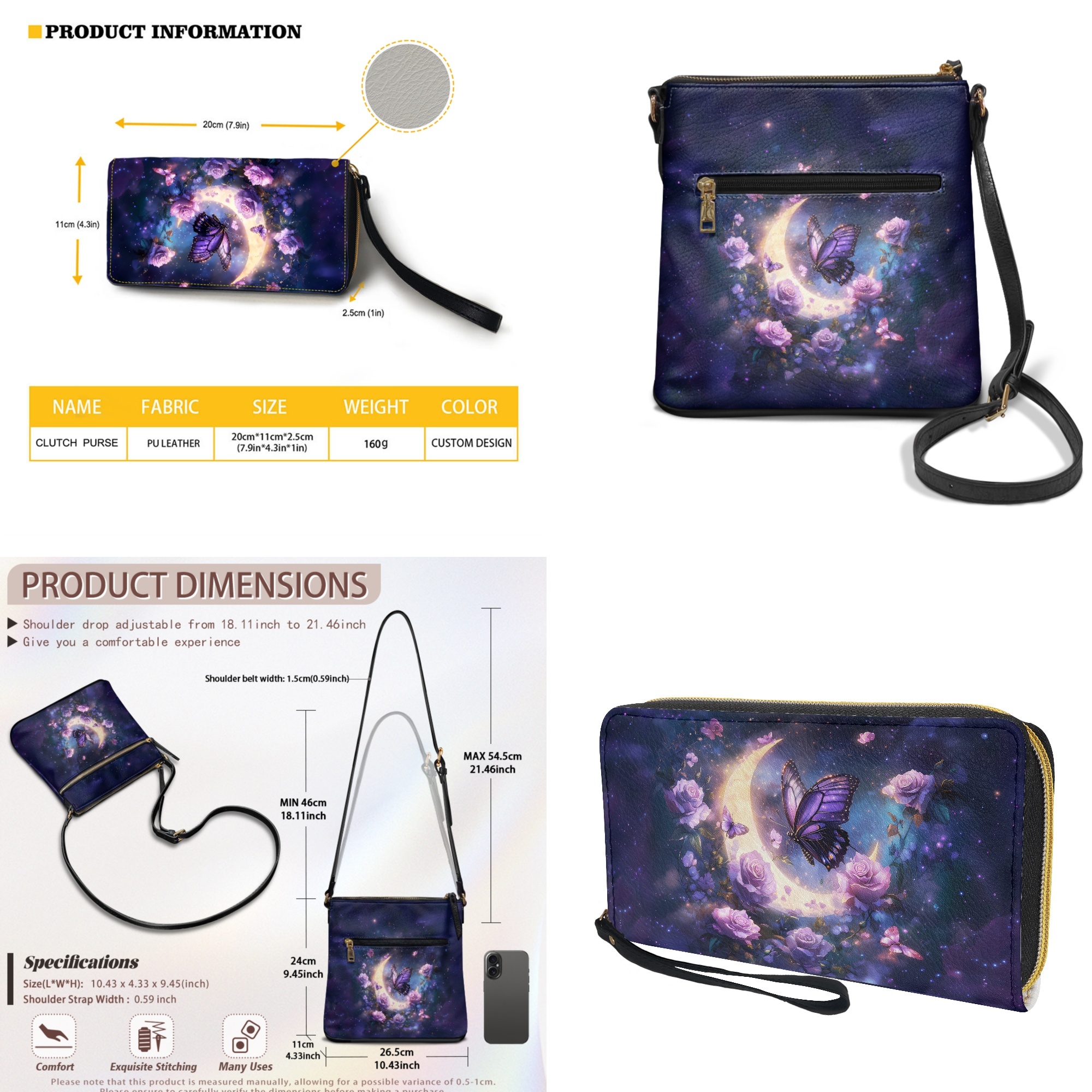 ZUXONGSY Butterfly Moon Rose Galaxy Print Stylish Crossbody Hobo Purse & Wallet Set for Women, PU Leather Satchel with Adjustable Strap for Travel & Daily Use