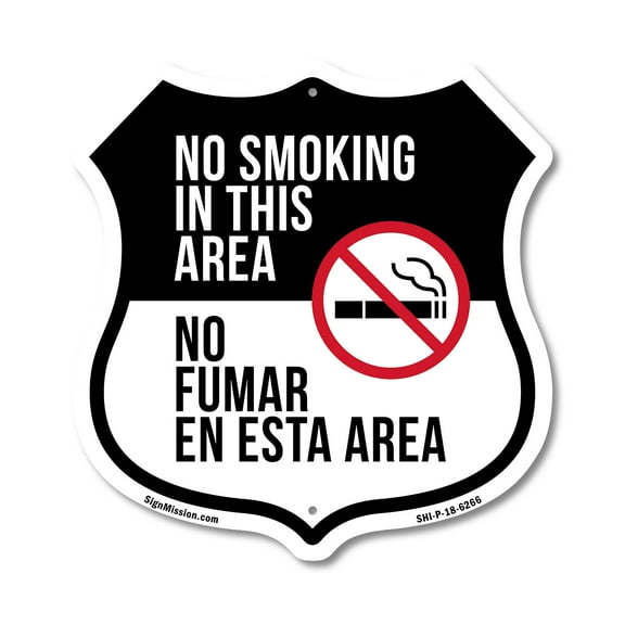 No Smoking In This Area Bilingual English / Spanish (2 Pack) 12 inch X 12 inch Shield-Shaped Rust-Free Aluminum Metal Signs Weather Resistant Made in the USA