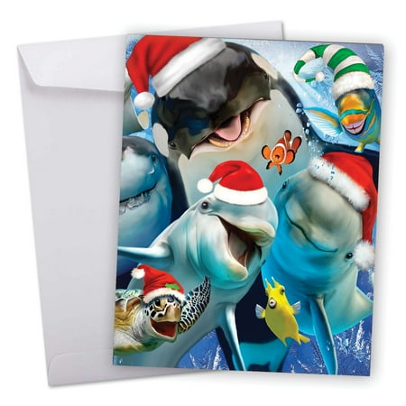 J6652EXSG Jumbo Merry Christmas Card: 'Merry to Zoo' Featuring Underwater Animals Posing for an Adorable Christmas Selfie Greeting Card with Envelope by The Best Card (Best Zoos In The Us For Animals)