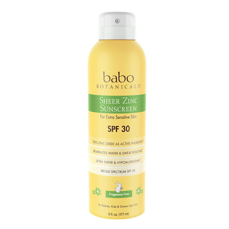 Babo Botanicals Sheer Zinc SPF 30 Natural Continuous Spray Fragrance Free Sunscreen for Sensitive Skin, Yellow Pack of
