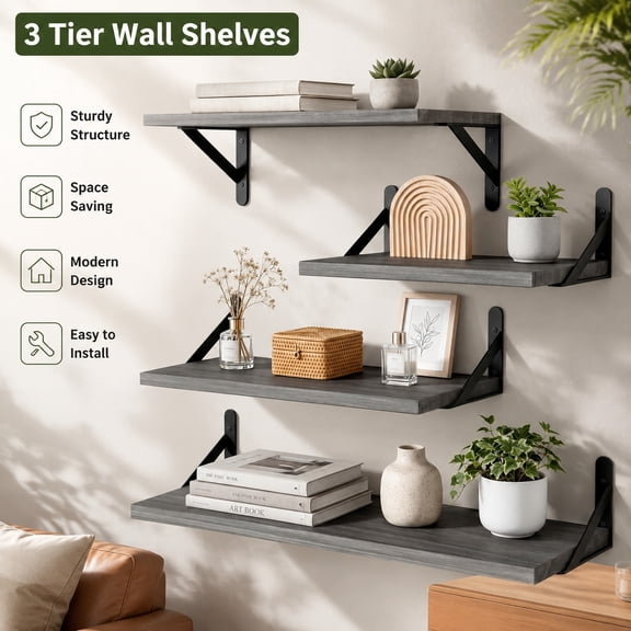 Floating Wall Shelves Set of 4, Weathered Gray Rustic Wood Shelves for Living Room, Bathroom, Bedroom, Kitchen Home Decor