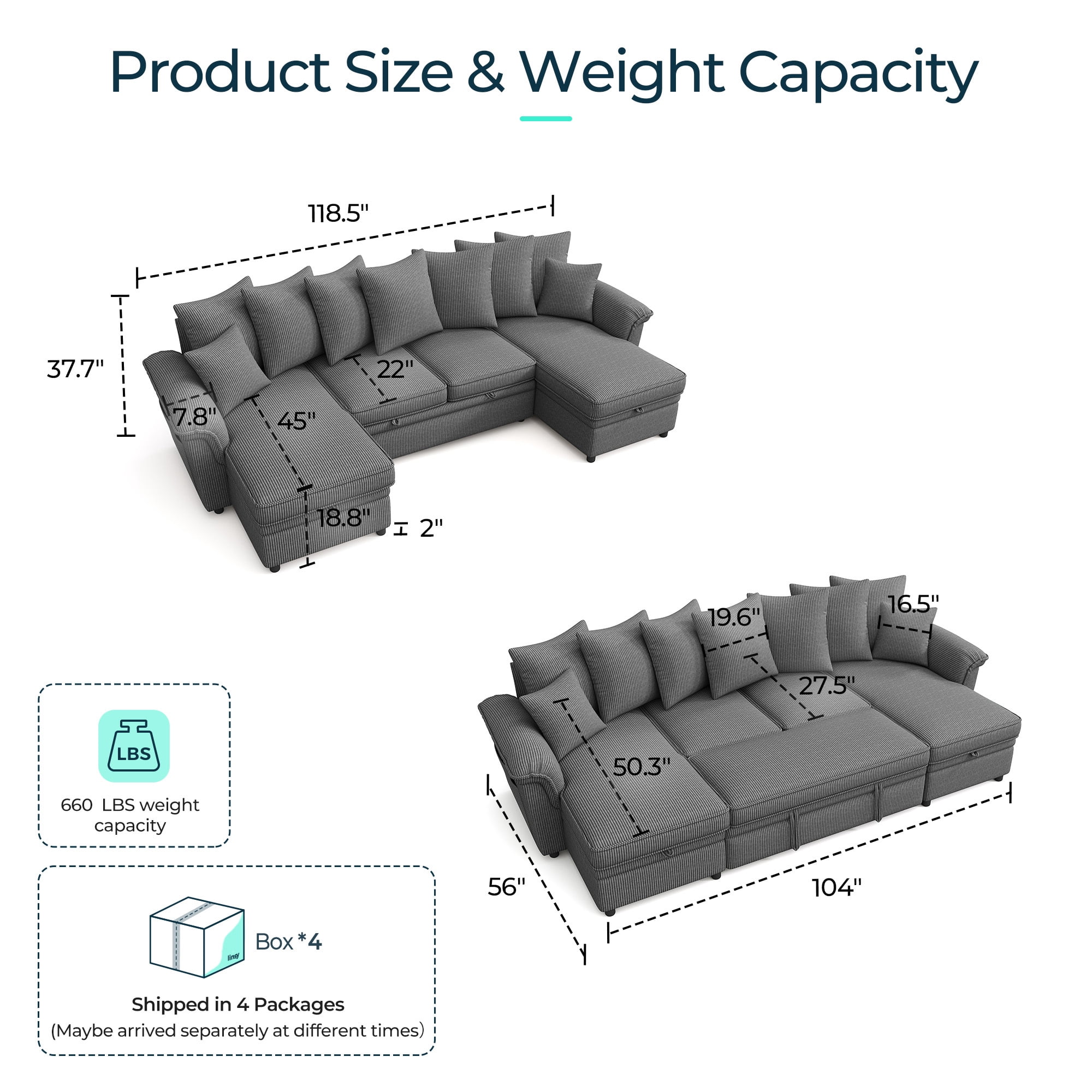 LINSY HOME Oversized 119" Sleeper Sofa Bed with Reversible Storage Chaise, Pull Out Couch Bed with USB, Side Pocket & Two Pillows, Grey