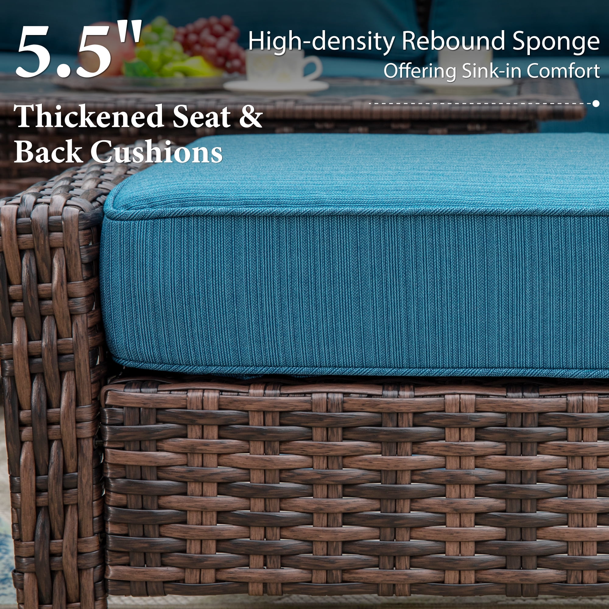 SUMMIT LIVING 7-Seat Wicker Patio Furniture Set with 2 Swivel Chairs & 3-Seat Sofa with 2 Ottoman, Outdoor Sectional Conversation Set for Garden, Peacock Blue