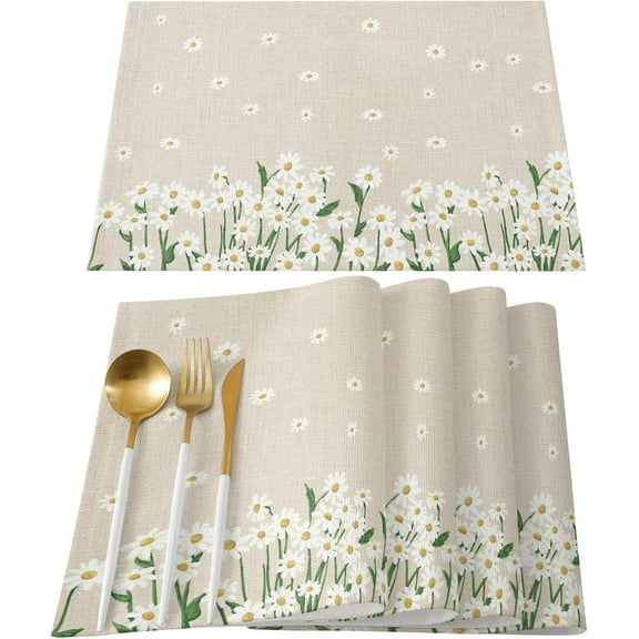 White Daisy Flower Placemats Set of 4, Farmhouse Burlap Floral Beige Washable Woven Burlap Cloth Fabric Placemat for Square/Rectangle/Round/Oval Dining Table, Easy Clean Place Mats for Toddlers, Kids