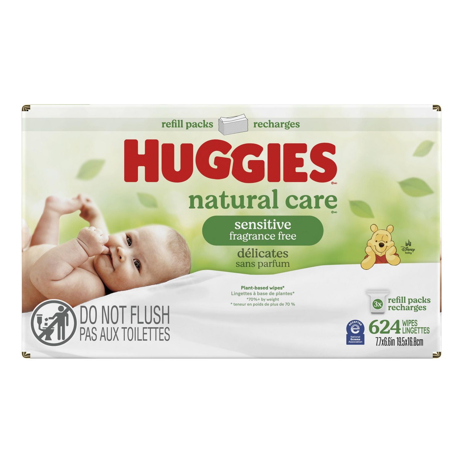 Lingettes pour bébés Huggies Natural Care pour peau sensible, NON PARFUMÉES, 3 recharges, total de 624 lingettes total de 624 lingettes