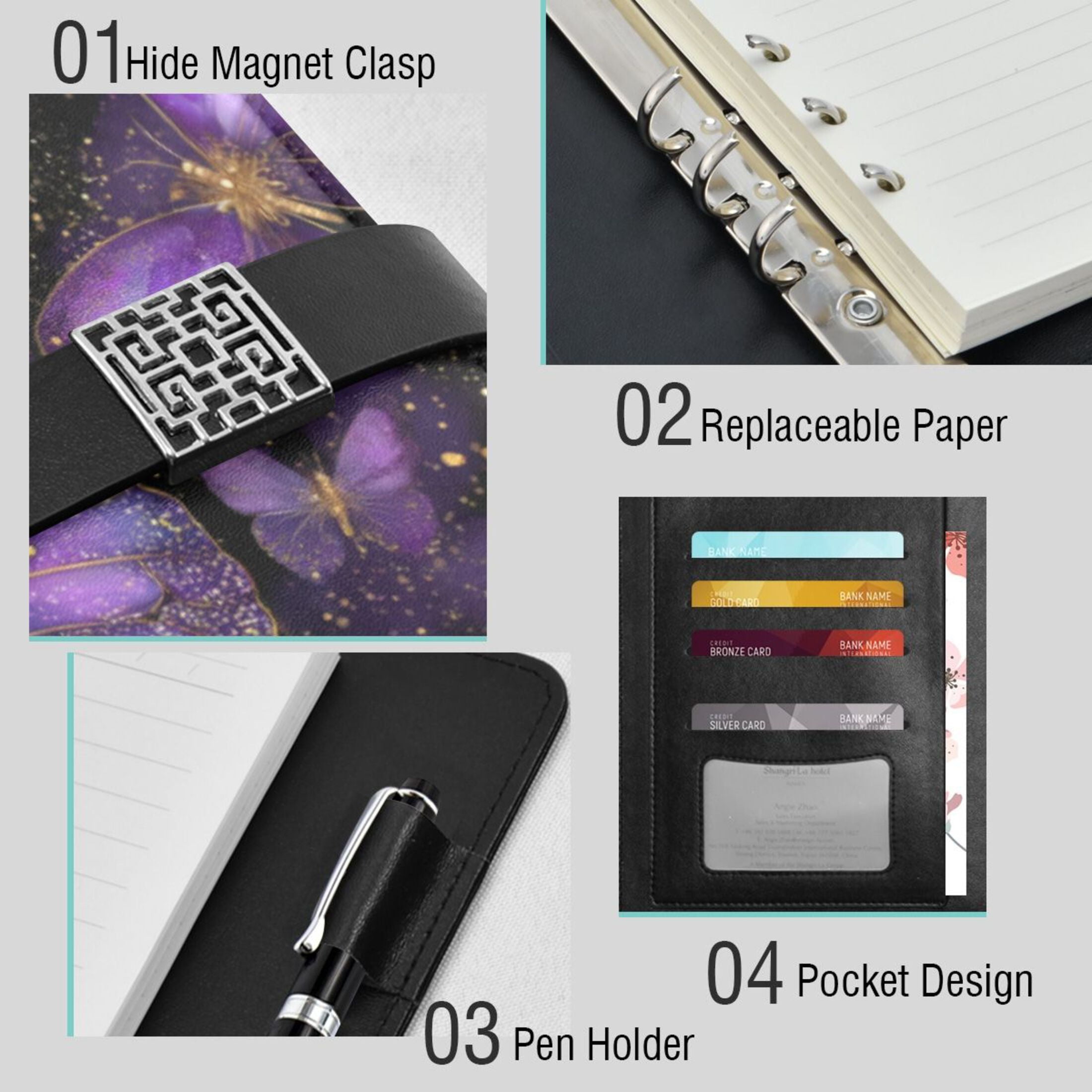 Leather Planner Leather Notebook Notebook Journal Binder Design Pen Pocket Design Convenient for Storage Purple Butterflies