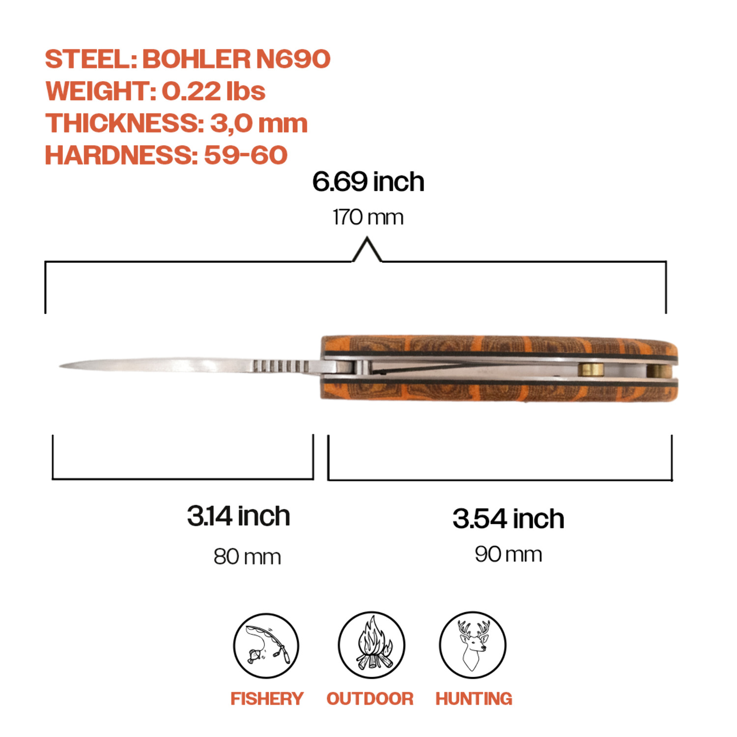 Kam Knife - Folding Knife Stainless Steel D2 with 3.14" Blade EDC Knife; White Handle Camping Knife; Small Hunting Knife Perfect for Outdoors and Hiking