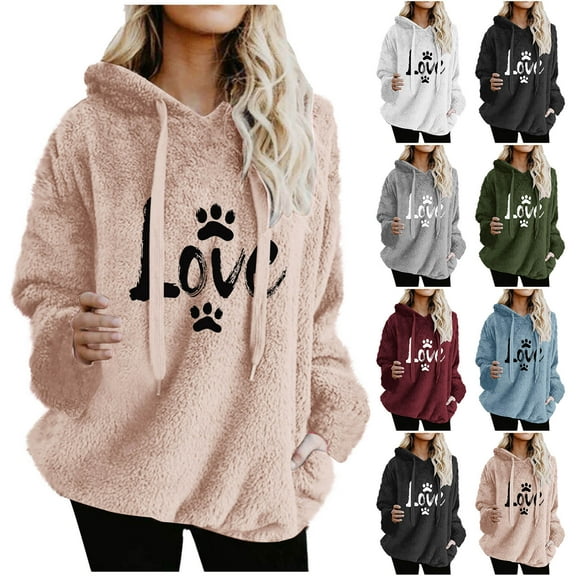 Aboser Womens Plus Size Sherpa Hoodies Fuzzy Fleece Pullover Sweater Cute Love Graphic Sweatshirt Y2k Clothes Winter Cozy Plush Outerwear with Pockets