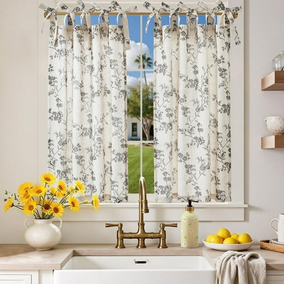 Cortinas Jinchan 66x91 cm Lino Floral para Cocina, 2 Paneles de Nivel