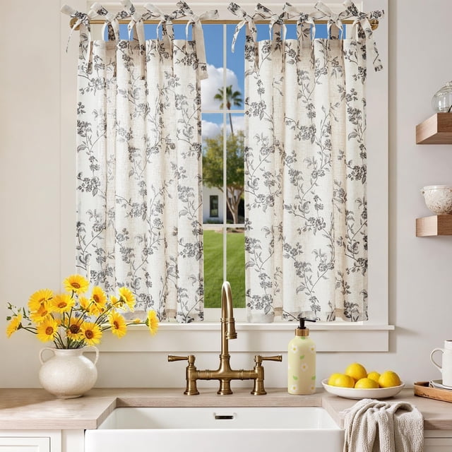 Cortinas Jinchan 66x91 cm Lino Floral para Cocina, 2 Paneles de Nivel