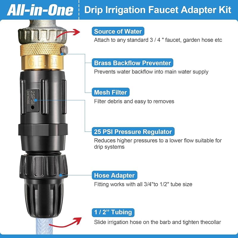 1 Set 25 Psi Drip Irrigation Faucet Adapter Kit 1/2'' Irrigation Tubing to 3/4'' Faucet Water Pressure Regulator Backflow Preventer with Filter, Drip Irrigation System Parts (25 Psi)