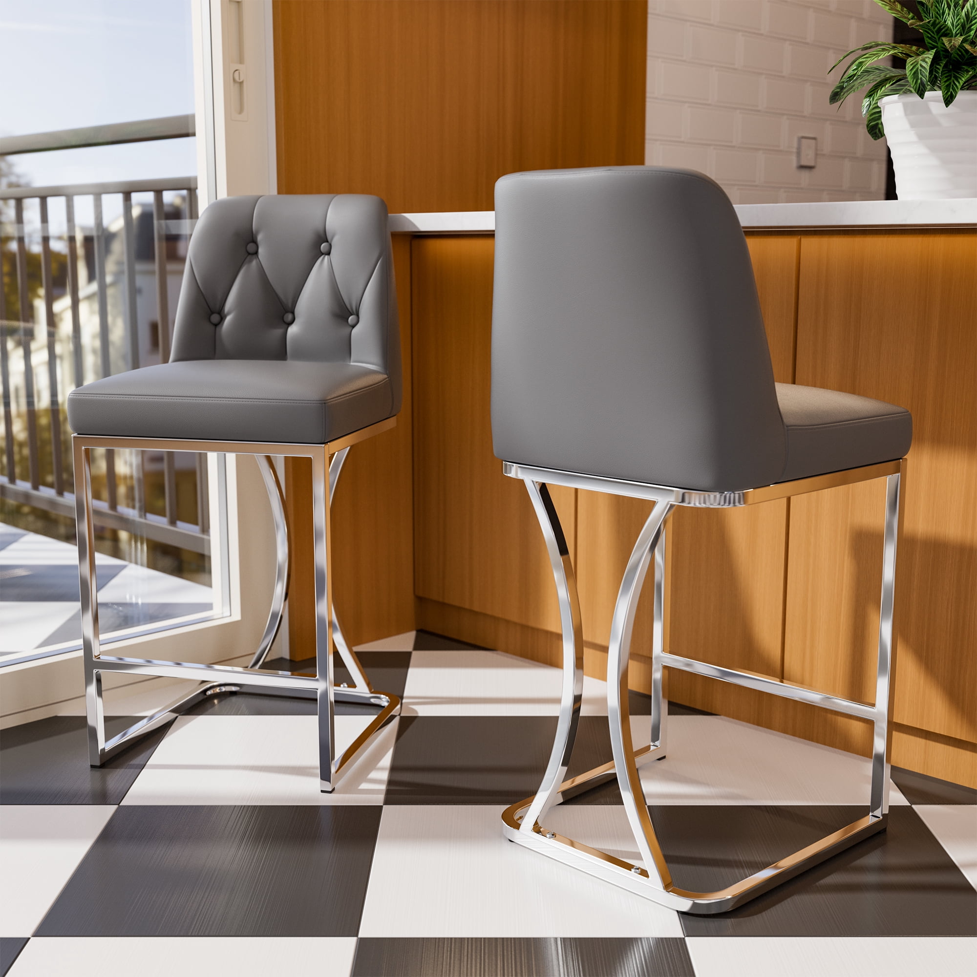 iooHug Set of 4 Gray Counter Height Bar Stools, 24" PU Leather Kitchen Island Chairs with Back and Sliver Metal Legs, Modern Bar Chairs for Home or Cafe