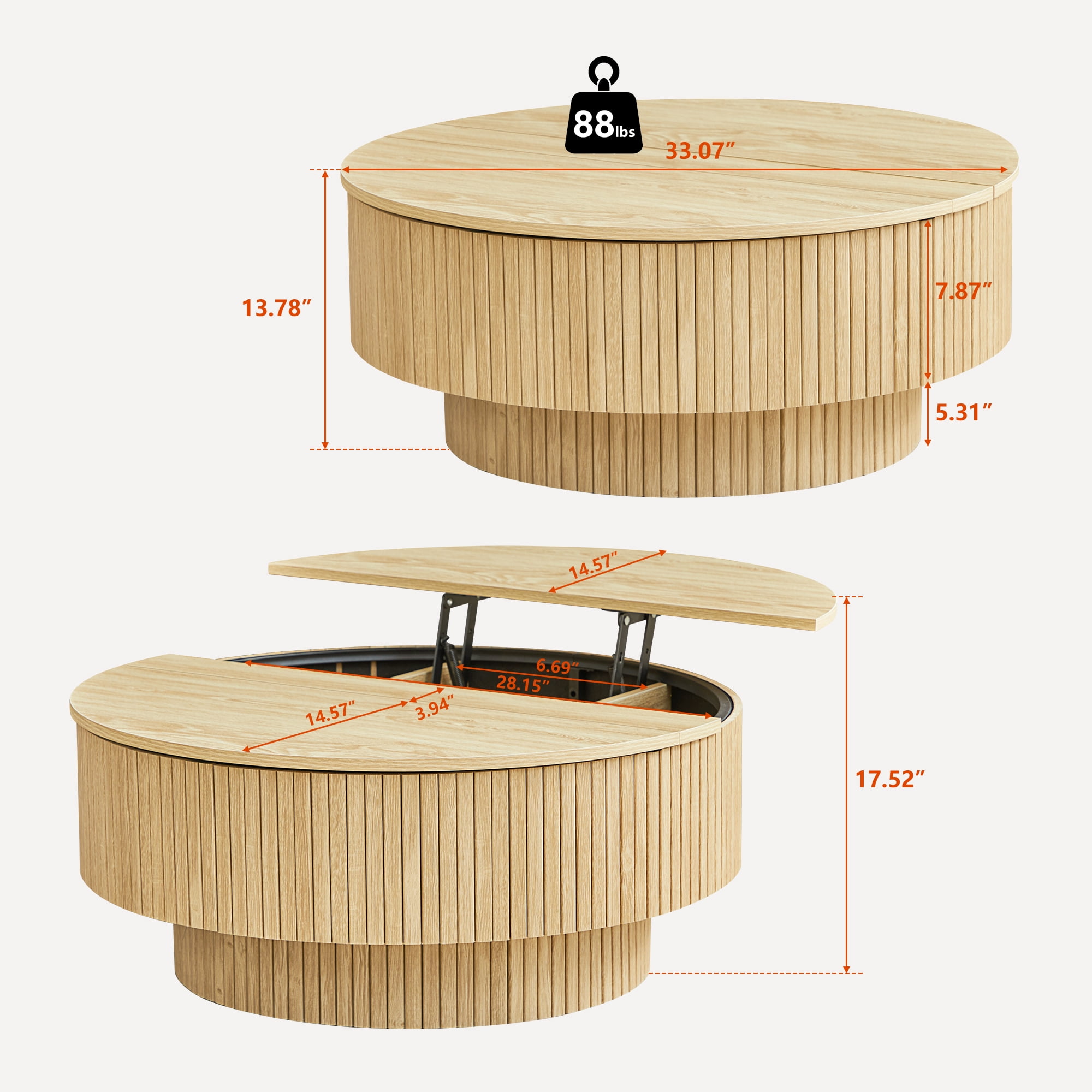 PHOYAL 4 in 1 Fluted Round Coffee Table with Flip Top and Lift Top, Round Coffee Table with Hidden Compartments Storage for Living Room, Natural