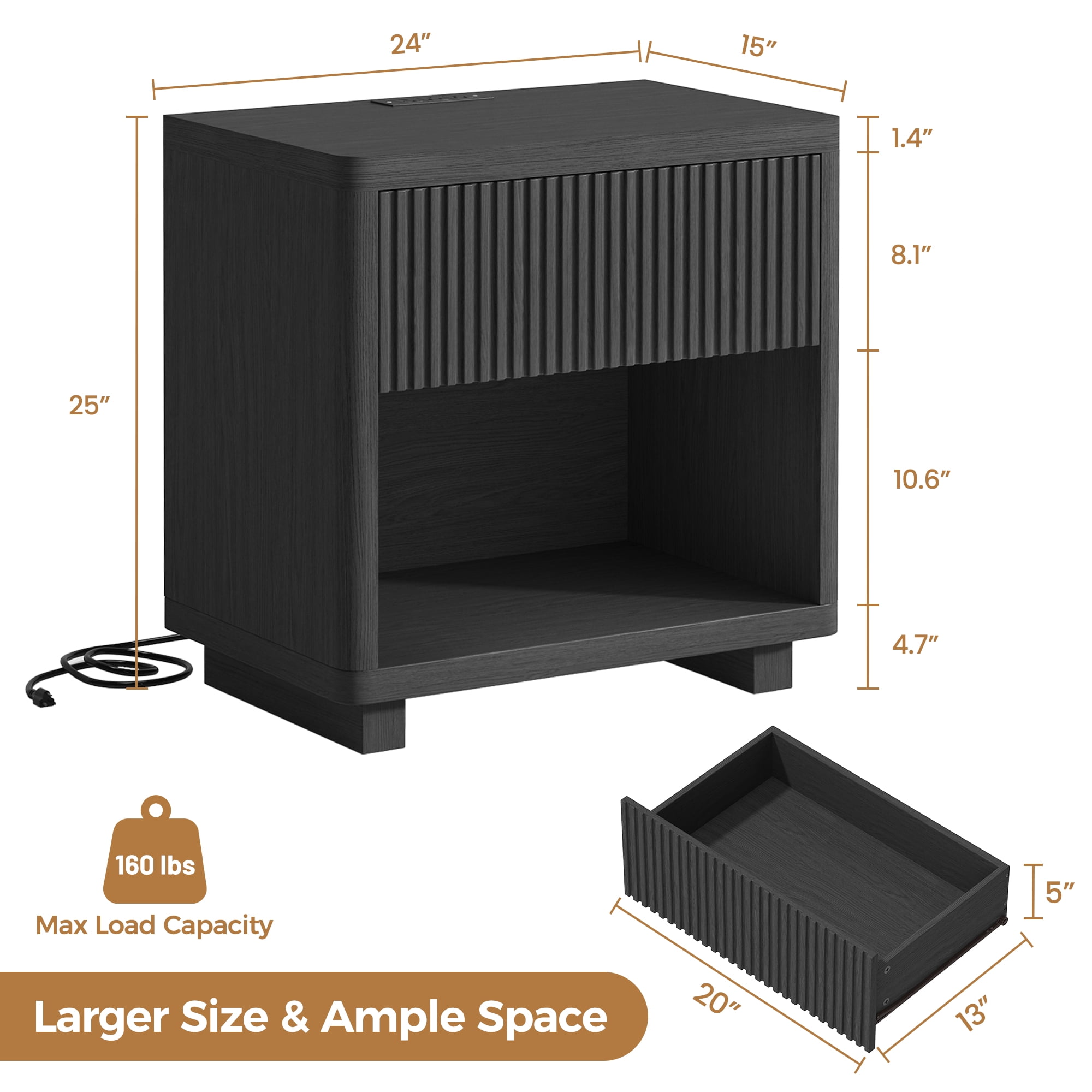 Night Stand Set 2, Nightstand with Charging Station, Modern End Table with Drawers, Bed Side Tables Set of 2 for Bedroom Living Room Sofa Couch Office(Black)