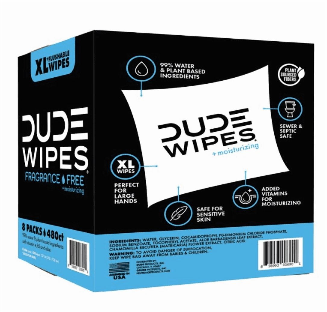 DUDE Wipes Fragrance-Free + Moisturizing XL Flushable Wipes, 480 Wipes
