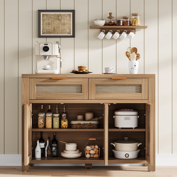 Boho Farmhouse Rattan Sideboard Buffet Cabinet – 3 Doors and 2 Drawers – Adjustable Shelves, Ample Storage – for Dining Room, Kitchen, Coffee Bar – Dark Oak