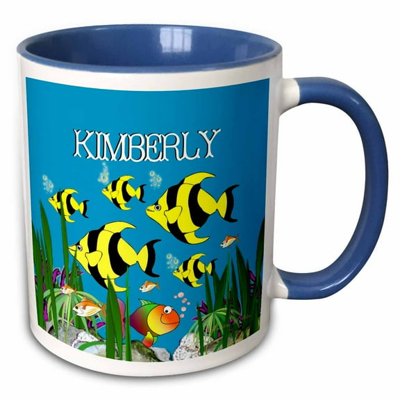 3drose, Colourful Tropical Plants and Fish Design Personalized with a Female Name Kimberly, 11oz Two-tone Blue Mug
