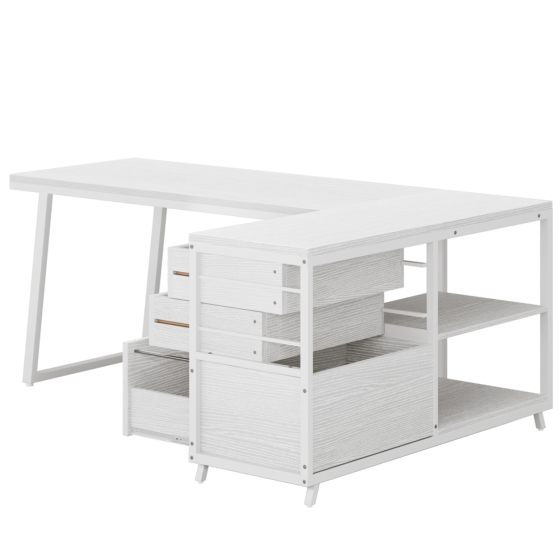 Fnova 53.15" L-shaped Computer Desk with 3 Drawers, Wood Tabletop, Metal Frame Office Desk, White