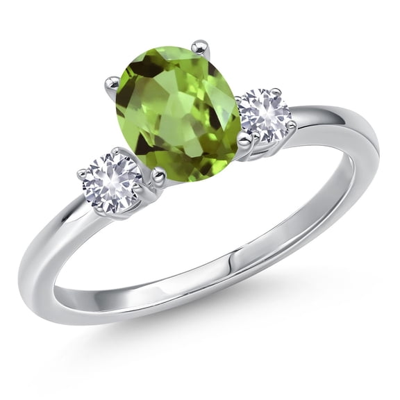 Gem Stone King 14K White Gold Green Peridot and White Created Sapphire Engagement Ring for Women | 1.68 Cttw | Oval 8X6MM | Gemstone August Birthstone | Size 7