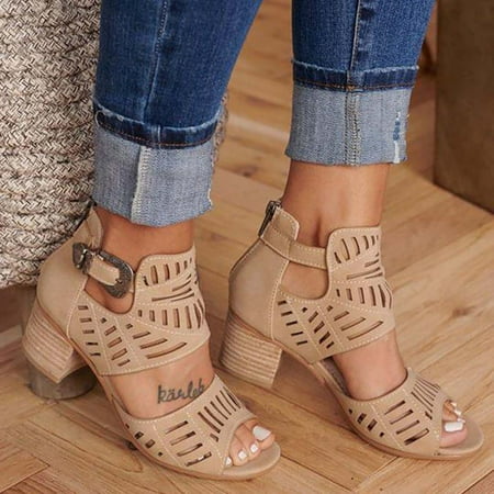 

UTTOASFAY Womens Clearance Shoes Hot Rhinestone Hollow Fish Mouth Metal Buckle Back Zipper Thick Heel Sandals Rollback