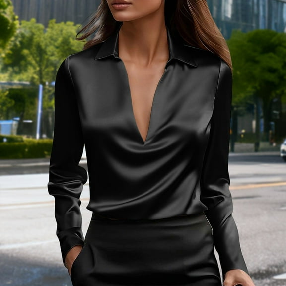 Neewe Satin Blouses for Women Silk Button Down Shirts Long Sleeve Business Casual Tops