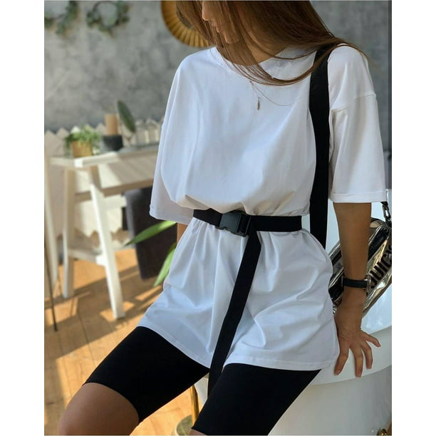 Women's Two Piece Outfit Sets Casual Oversized T-Shirt Tops Biker Shorts  Workout Sports Tracksuit 