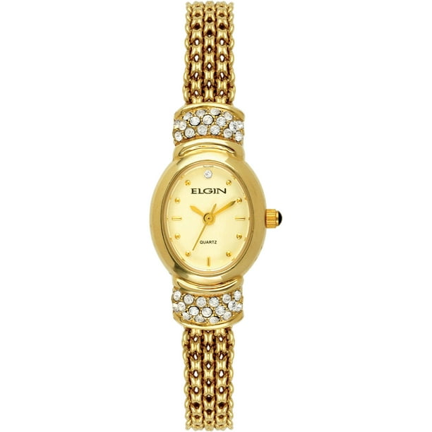 Elgin - Women's Gold-Tone Oval Case Champagne Dial Crystal Accented ...