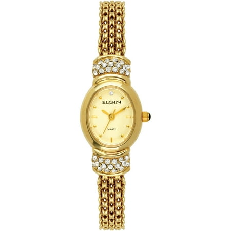 - Women's Gold-Tone Oval Case Champagne Dial Crystal Accented Mesh Bracelet Watch