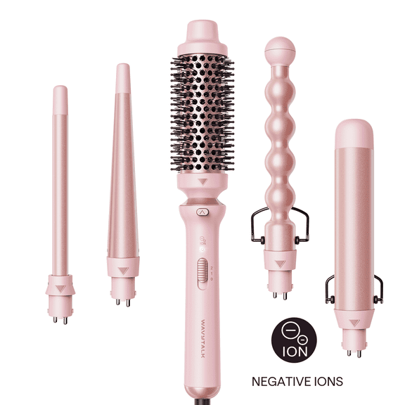 Wavytalk 5 in 1 Curling Iron Set, Ceramic Curling Wand from 0.5 to 1.25 inch and a Thermal Brush, Fast Heat Up , Dual Voltage, Pink
